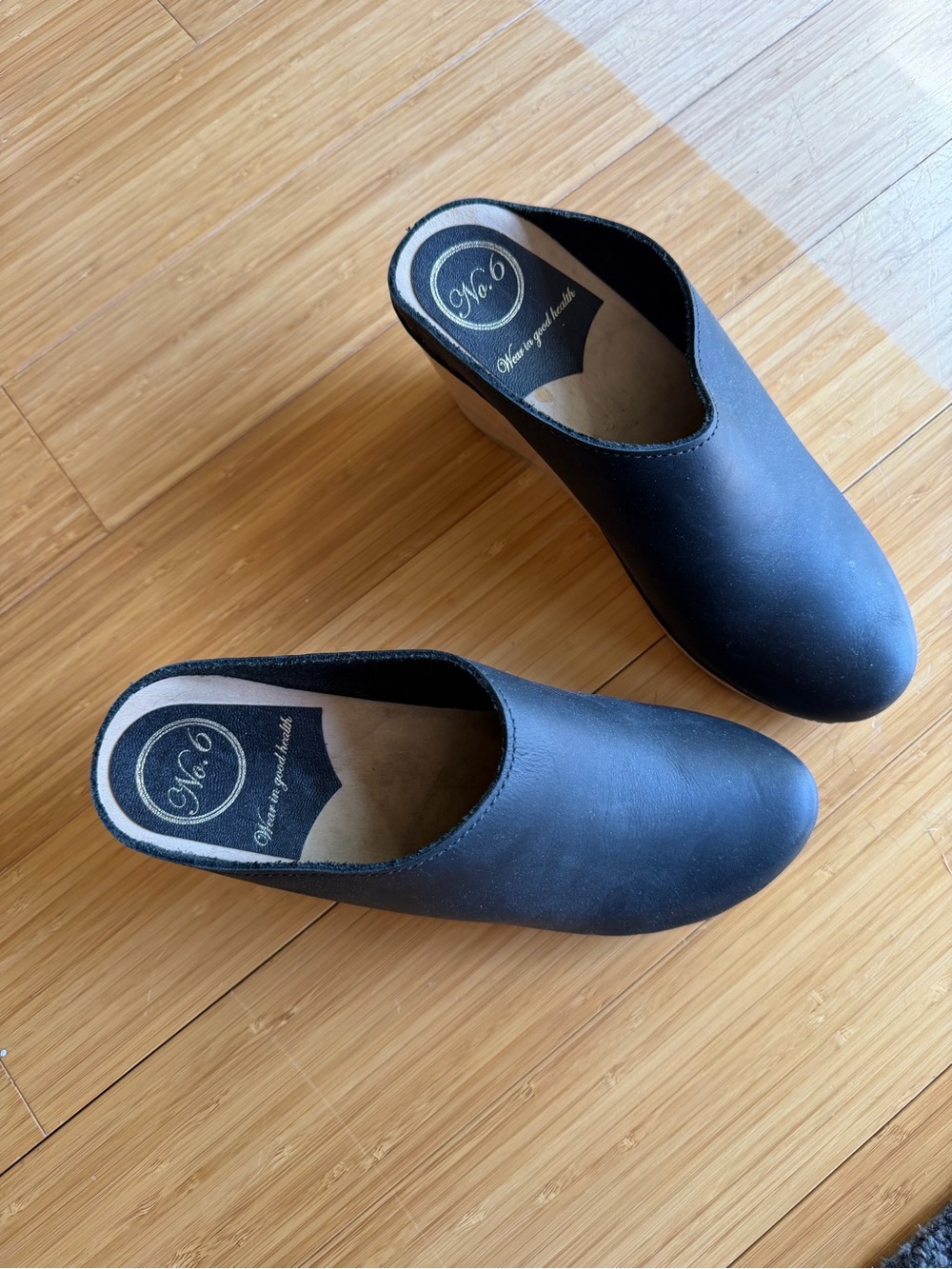 No. 6 Black Leather Wedge Clog with Natural Wood-Look Heel